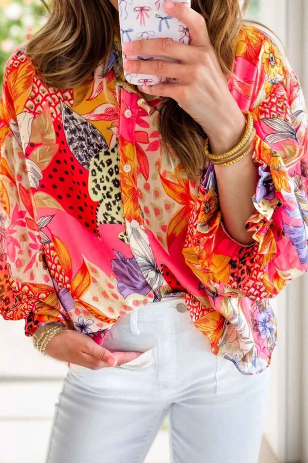 Printed Button Down Long Sleeve Shirt - Wellen Fashion