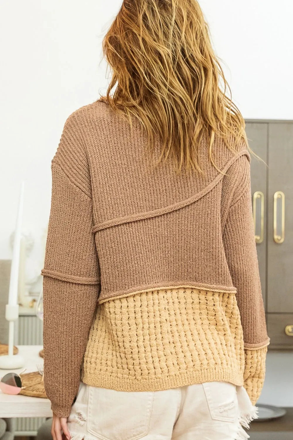 BiBi Texture Detail Contrast Drop Shoulder Sweater - Wellen Fashion