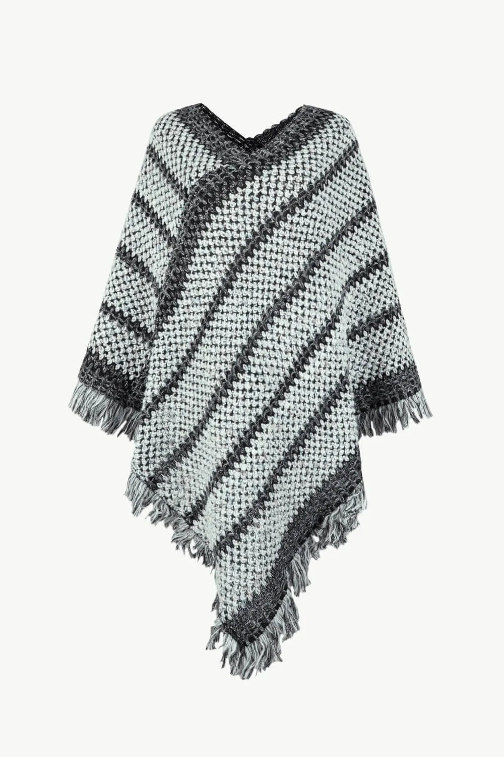 V-Neck Fringe Hem Poncho - Wellen Fashion