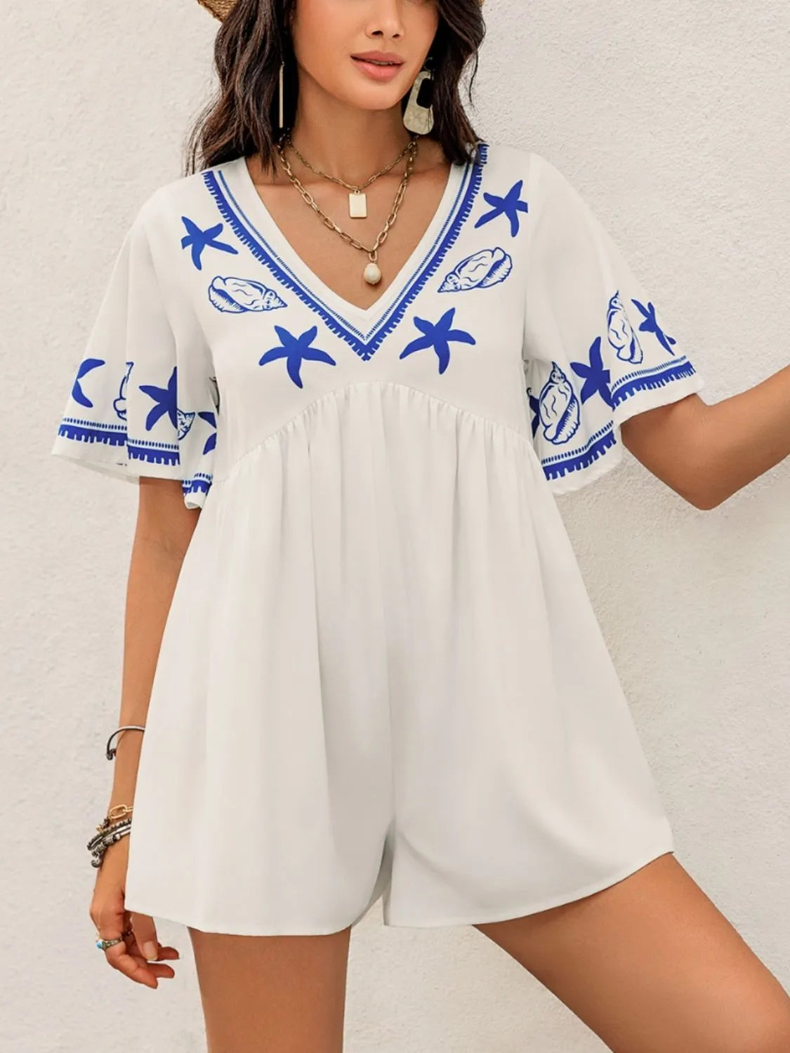 Printed V-Neck Half Sleeve Romper - Wellen Fashion