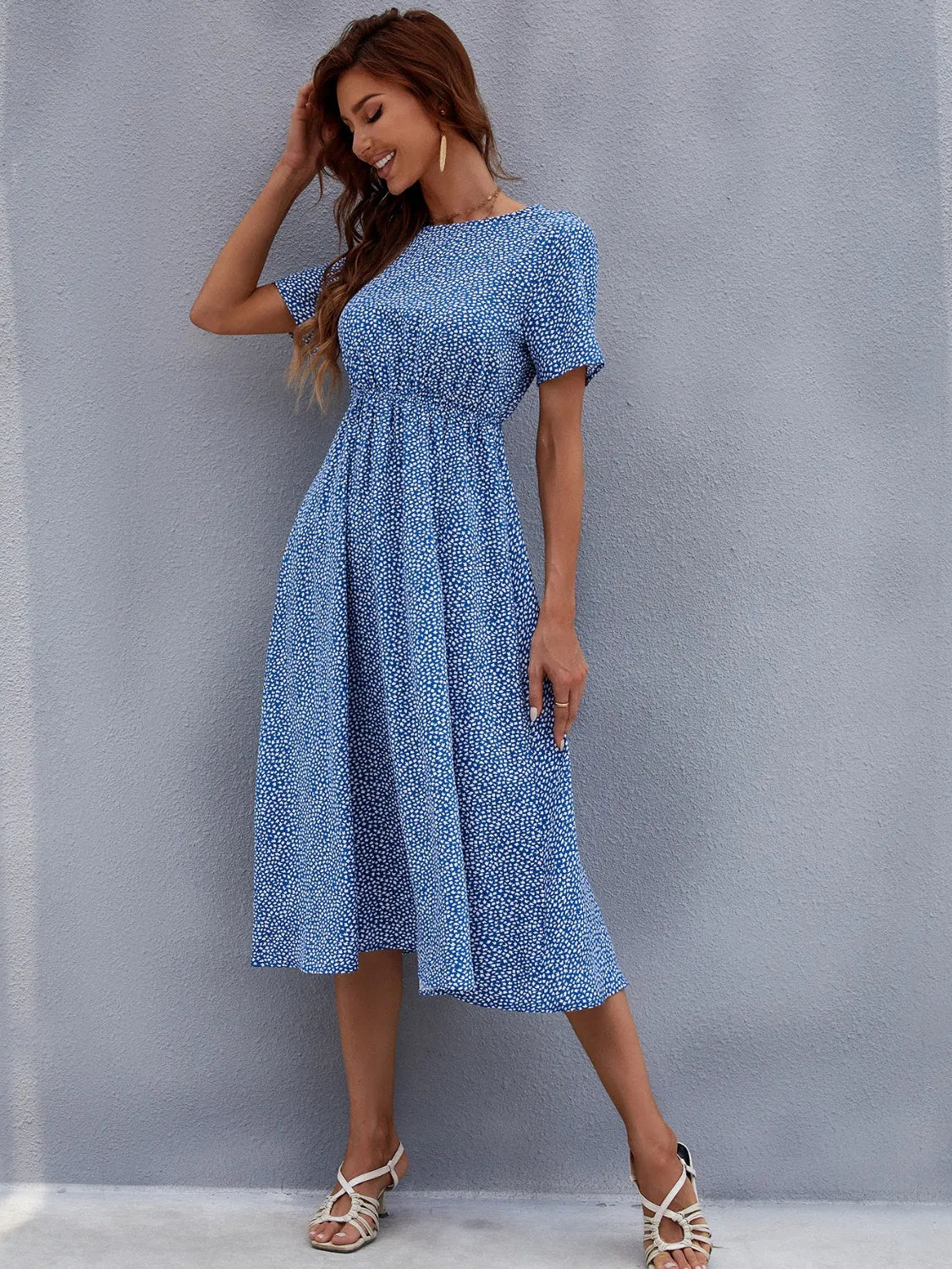 Printed Round Neck Short Sleeve Midi Dress - Wellen Fashion