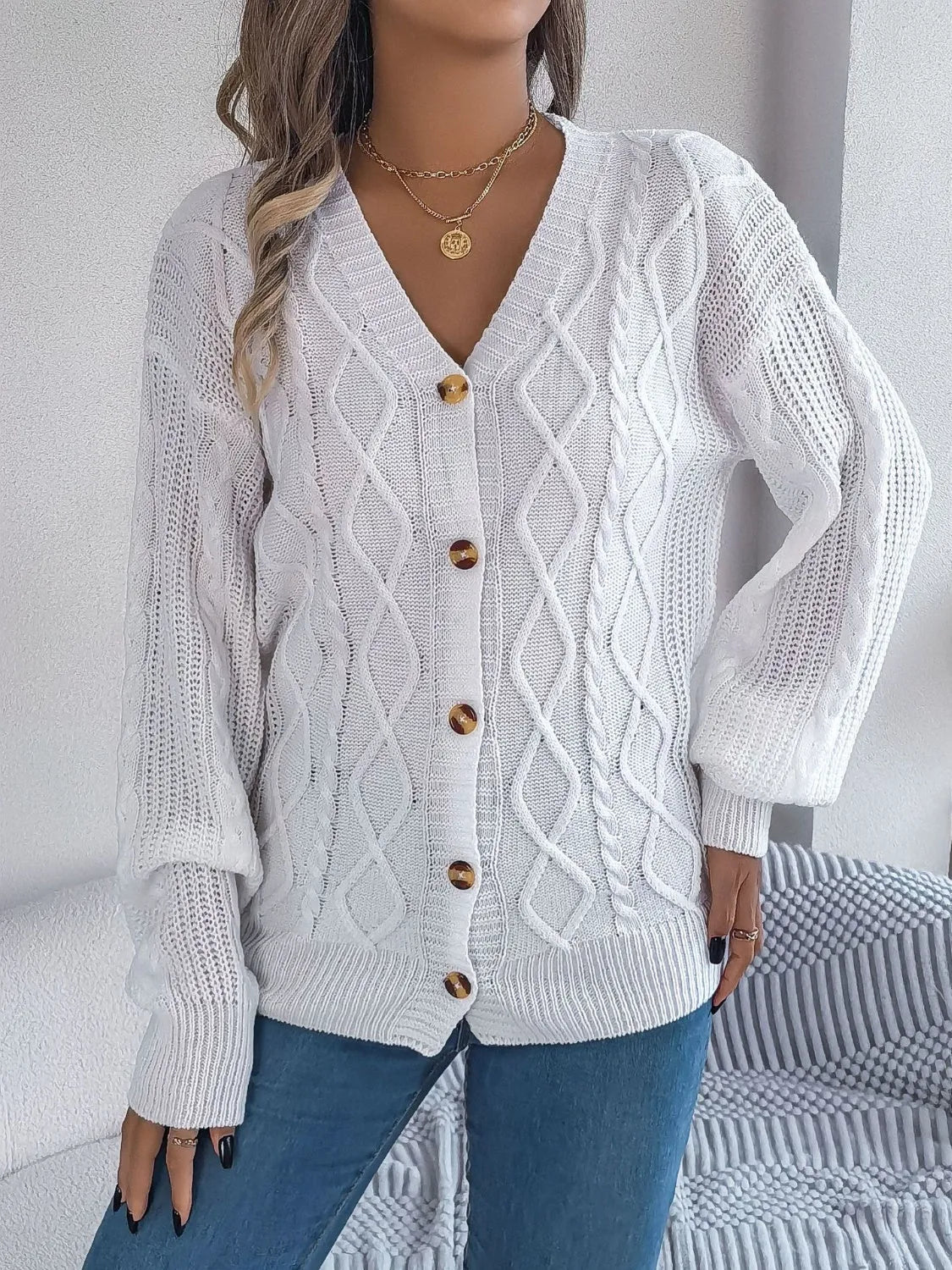 Cable-Knit Long Sleeve Cardigan - Wellen Fashion