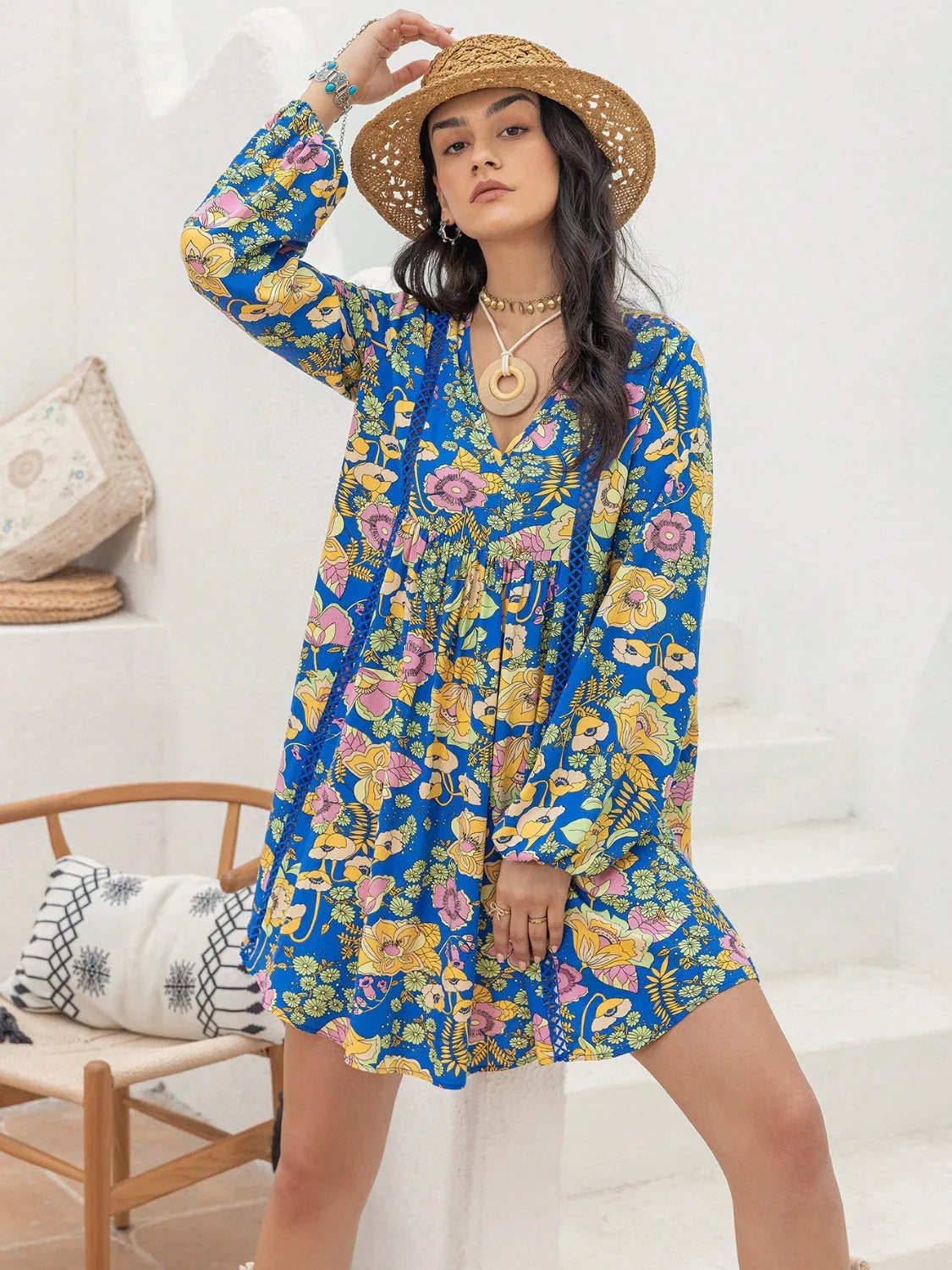 Printed V-Neck Balloon Sleeve Mini Dress - Wellen Fashion