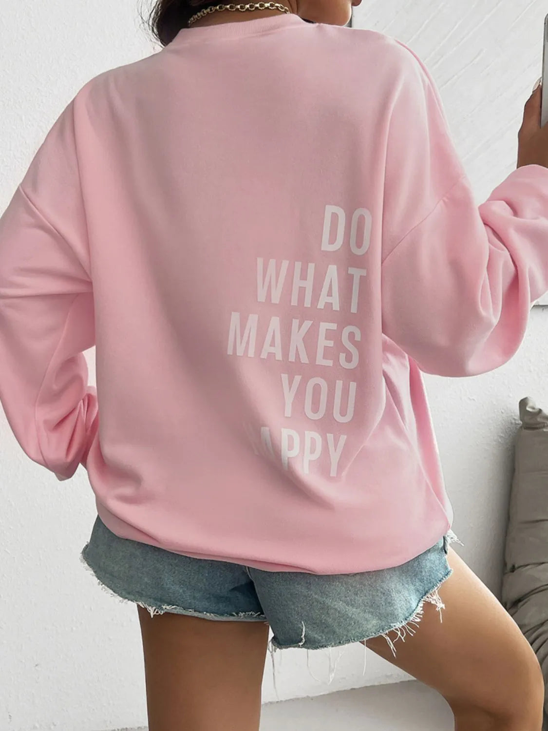 Devine Letter Graphic Round Neck Long Sleeve Sweatshirt - Wellen Fashion