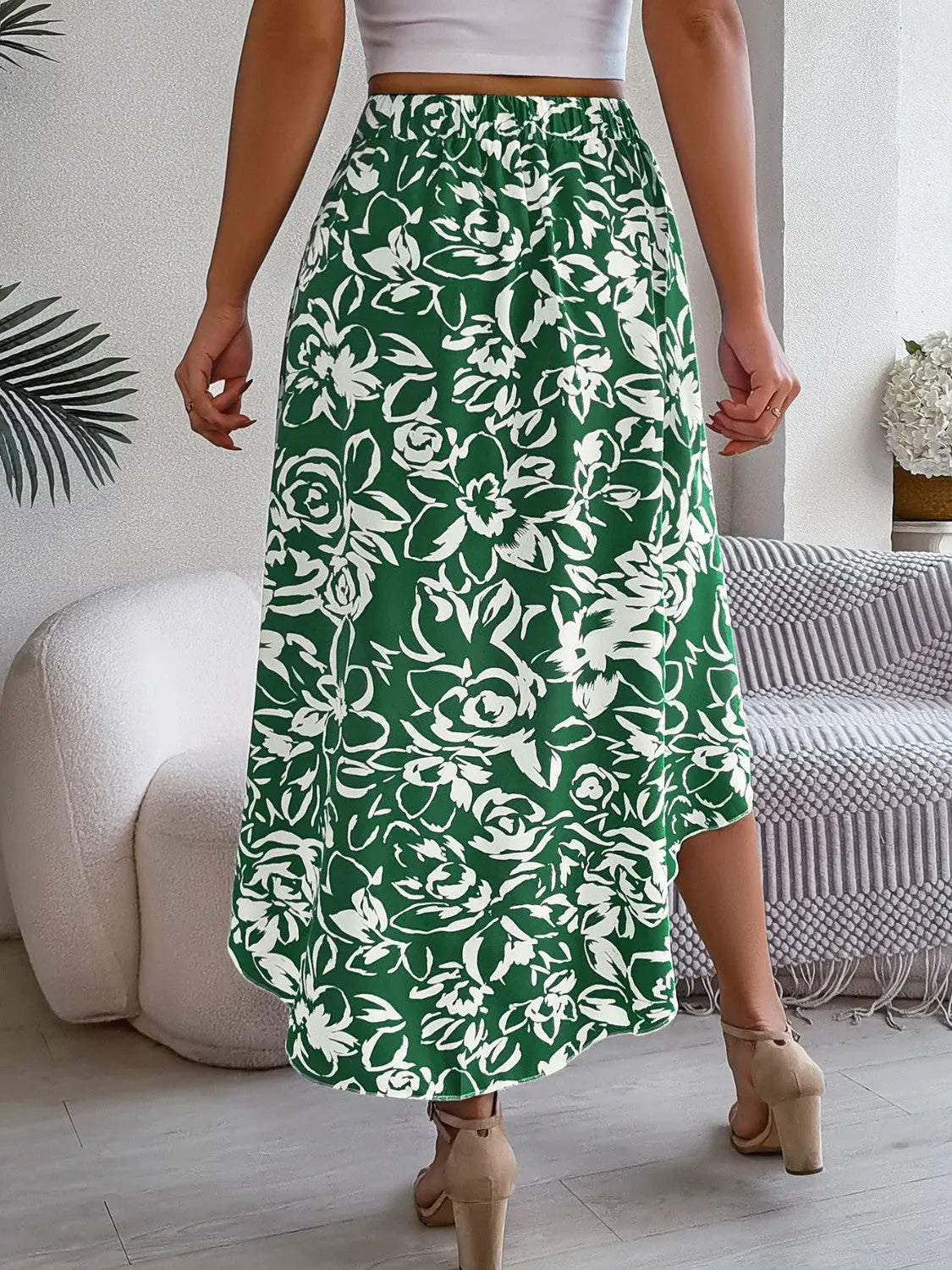 High-Low Printed High Waist Skirt - Wellen Fashion