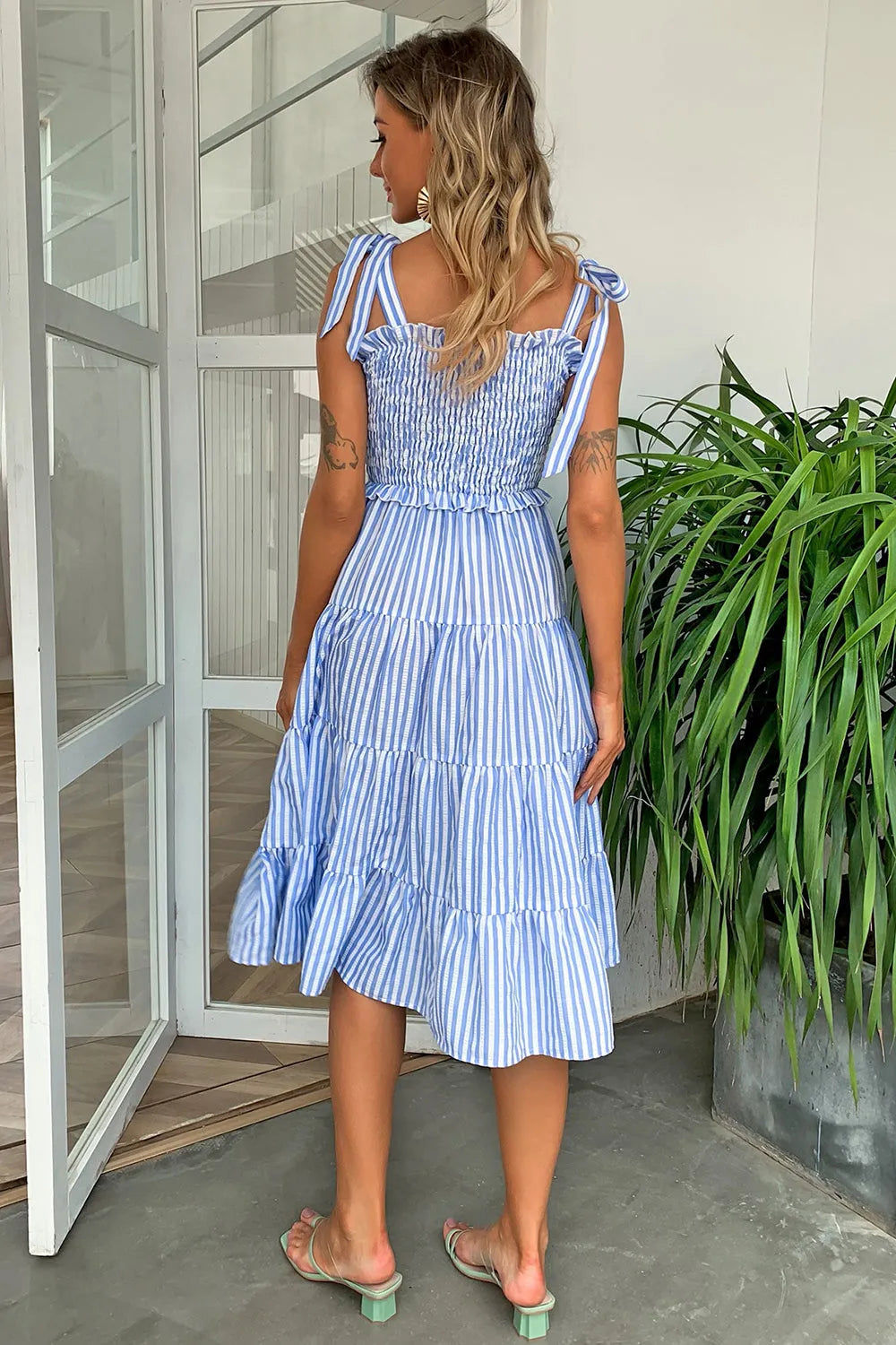 Striped Tie-Shoulder Tiered Dress - Wellen Fashion