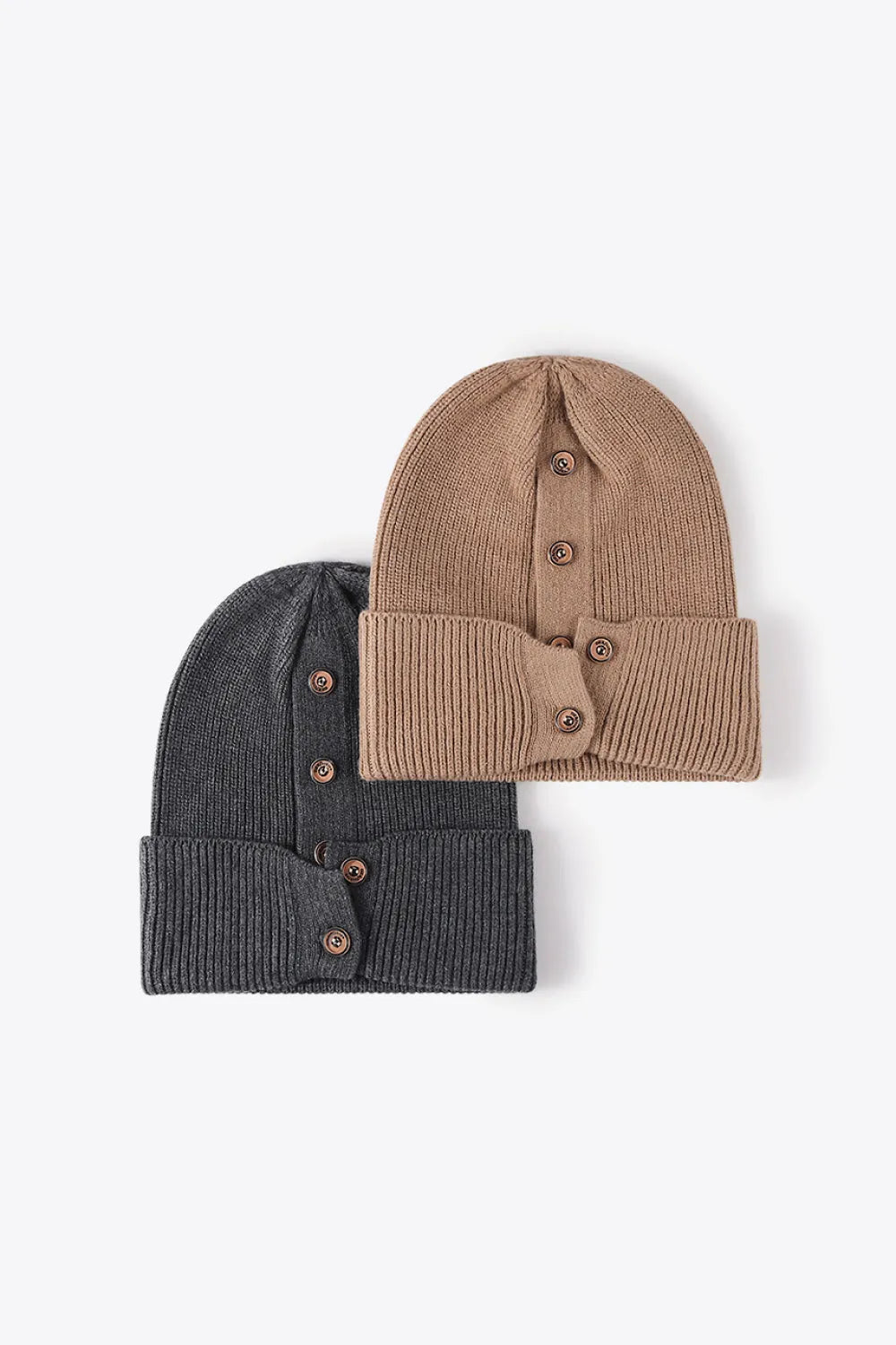 Button Detail Rib-Knit Cuff Beanie - Wellen Fashion