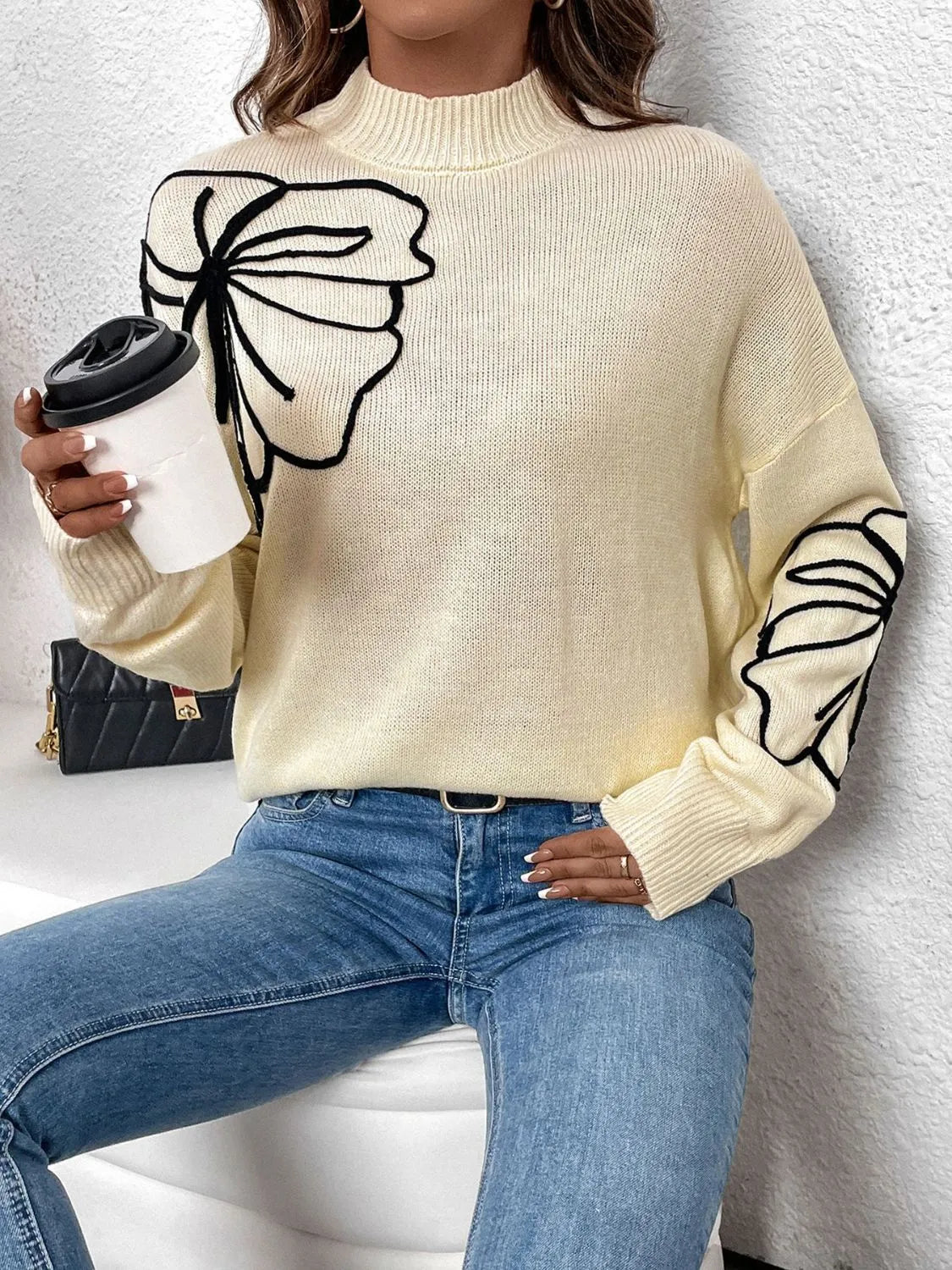 Perfee Mock Neck Dropped Shoulder Long Sleeve Sweater - Wellen Fashion