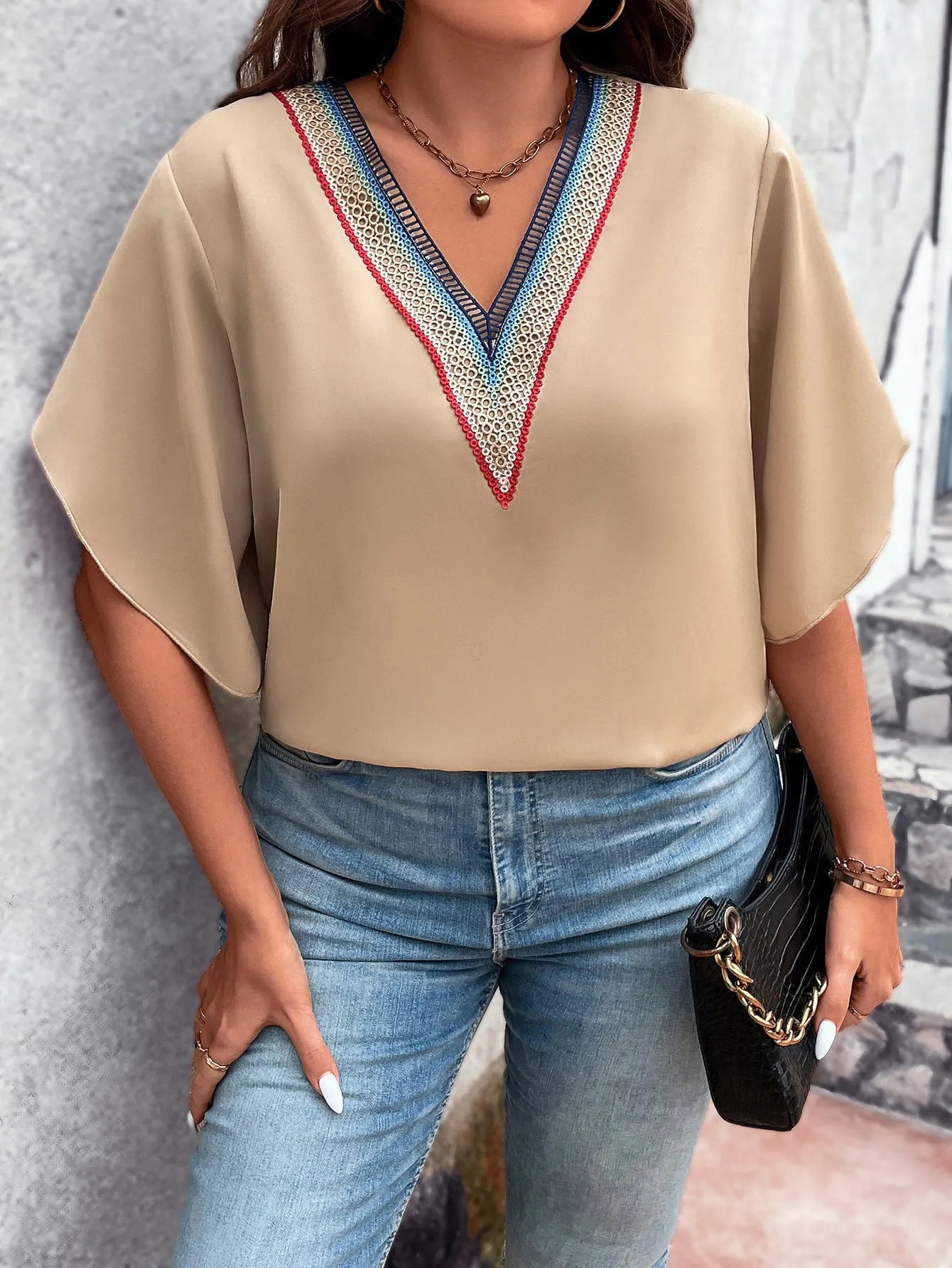 Honey Plus Size V-Neck Flutter Sleeve Blouse - Wellen Fashion