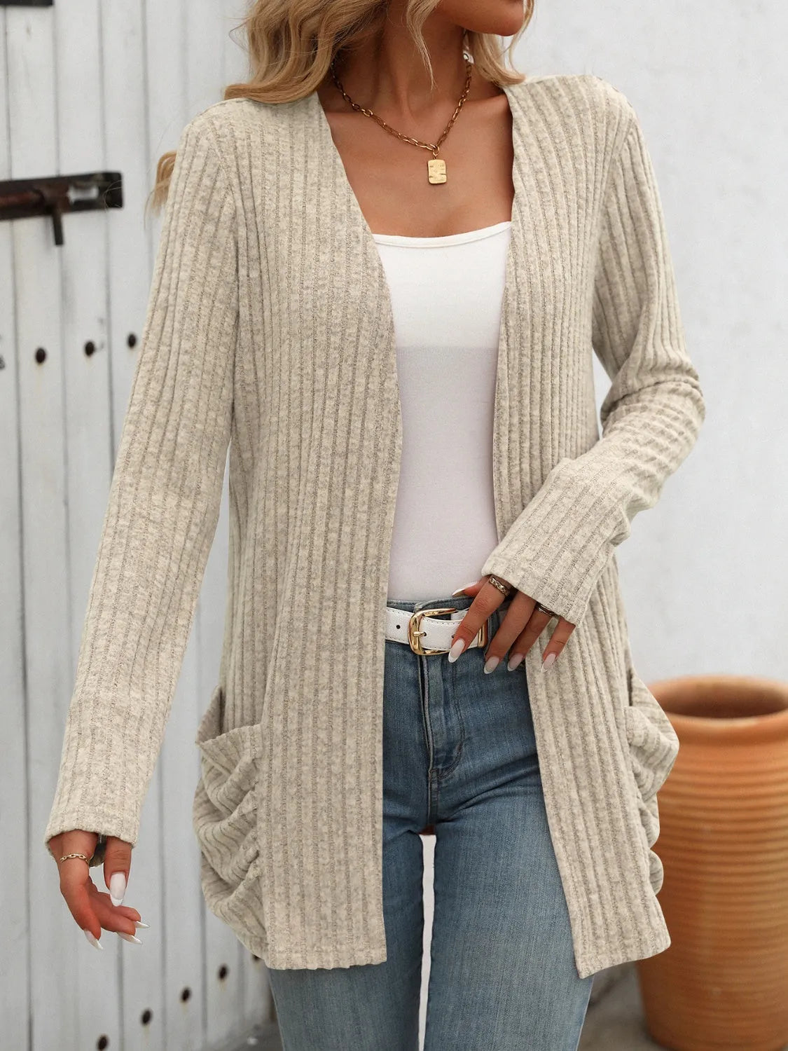 Open Front Long Sleeve Ribbed Cardigan - Wellen Fashion