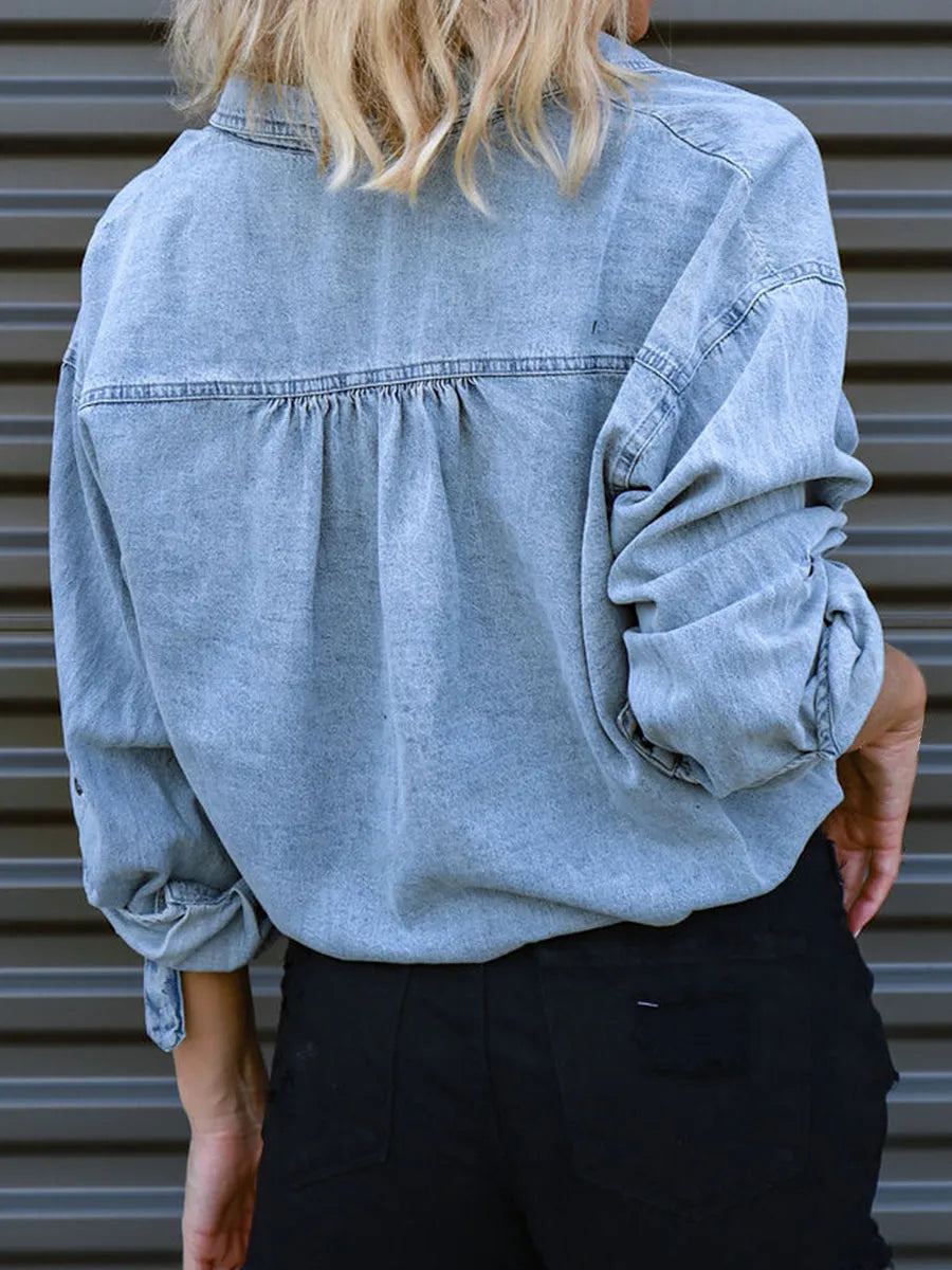 Tie Detail Denim Top - Wellen Fashion