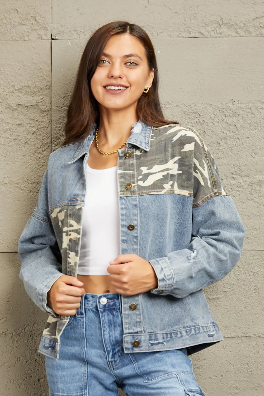 GeeGee Full Size Washed Denim Camo Contrast Jacket - Wellen Fashion