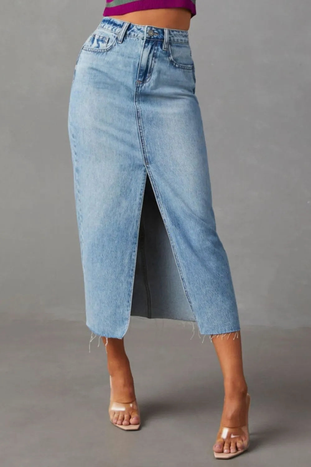 Slit Raw Hem Midi Denim Skirt - Wellen Fashion