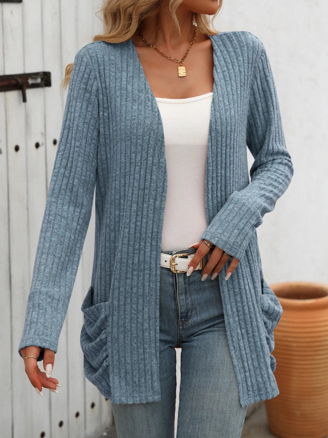 Open Front Long Sleeve Ribbed Cardigan - Wellen Fashion