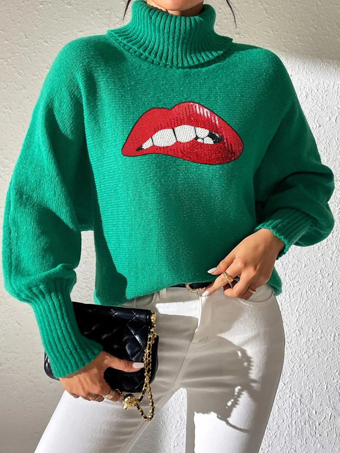 Lip Turtleneck Long Sleeve Sweater - Wellen Fashion