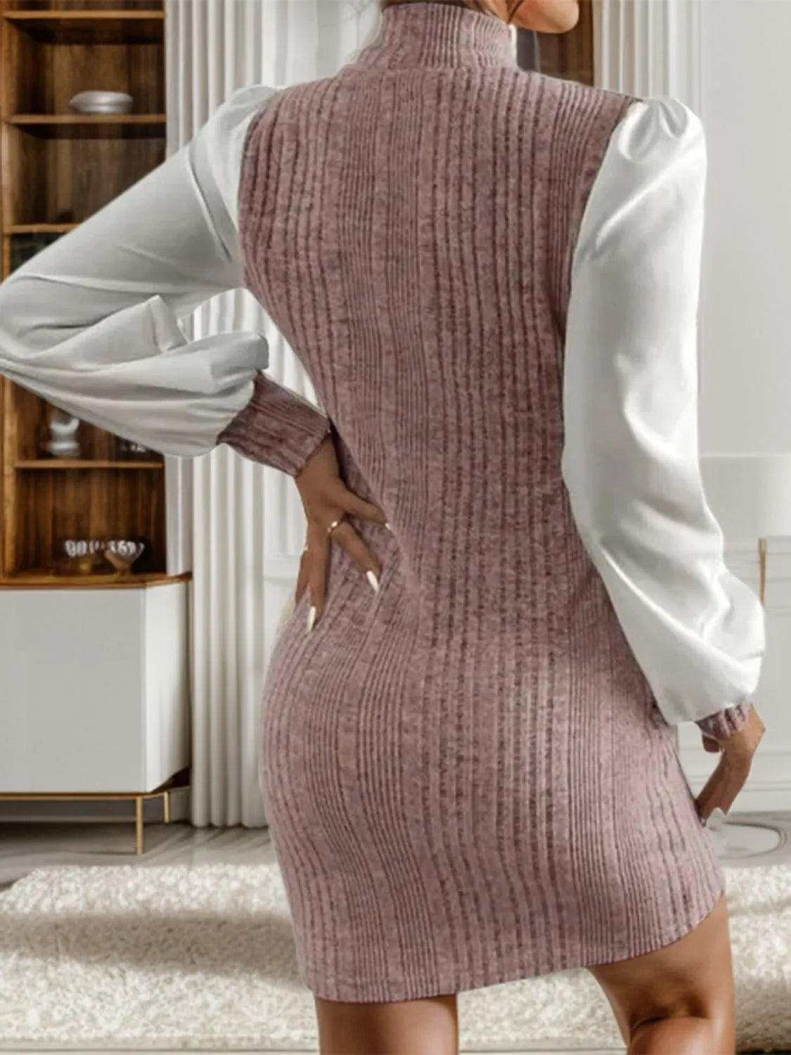 Ribbed Contrast Long Sleeve Sweater Dress - Wellen Fashion