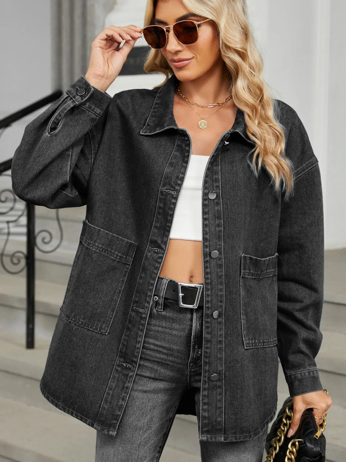 Removable Hood Button Up Long Sleeve Denim Jacket - Wellen Fashion