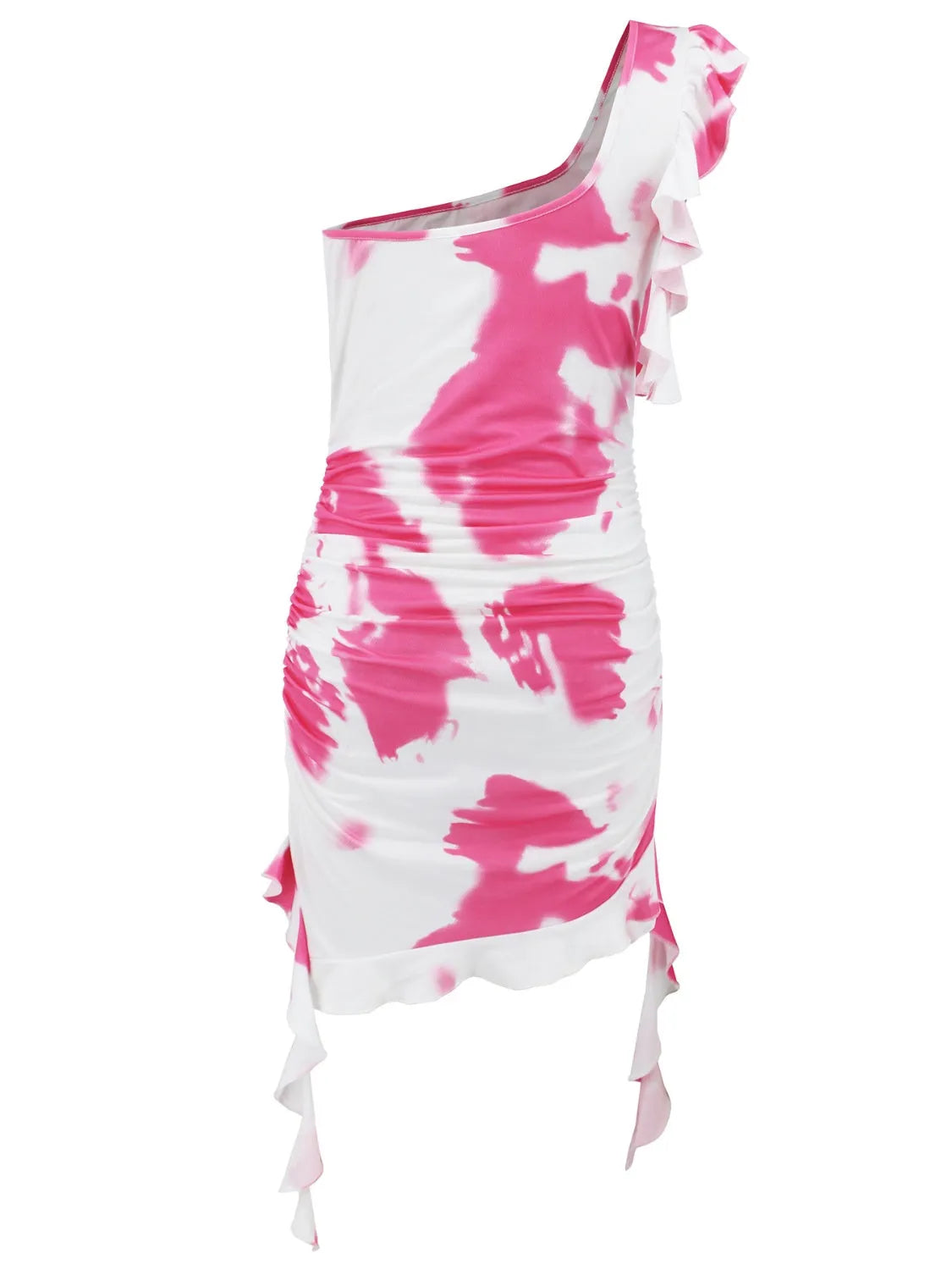 Ruffled Tie-Dye Single Shoulder Mini Dress - Wellen Fashion