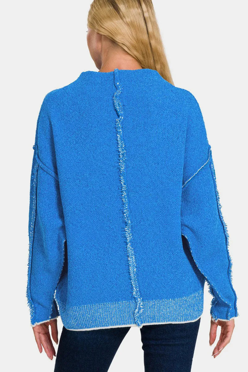 Zenana Exposed Seam Mock Neck Long Sleeve Sweater - Wellen Fashion