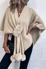 Surplice Neck Pom-Pom Trim Poncho - Wellen Fashion