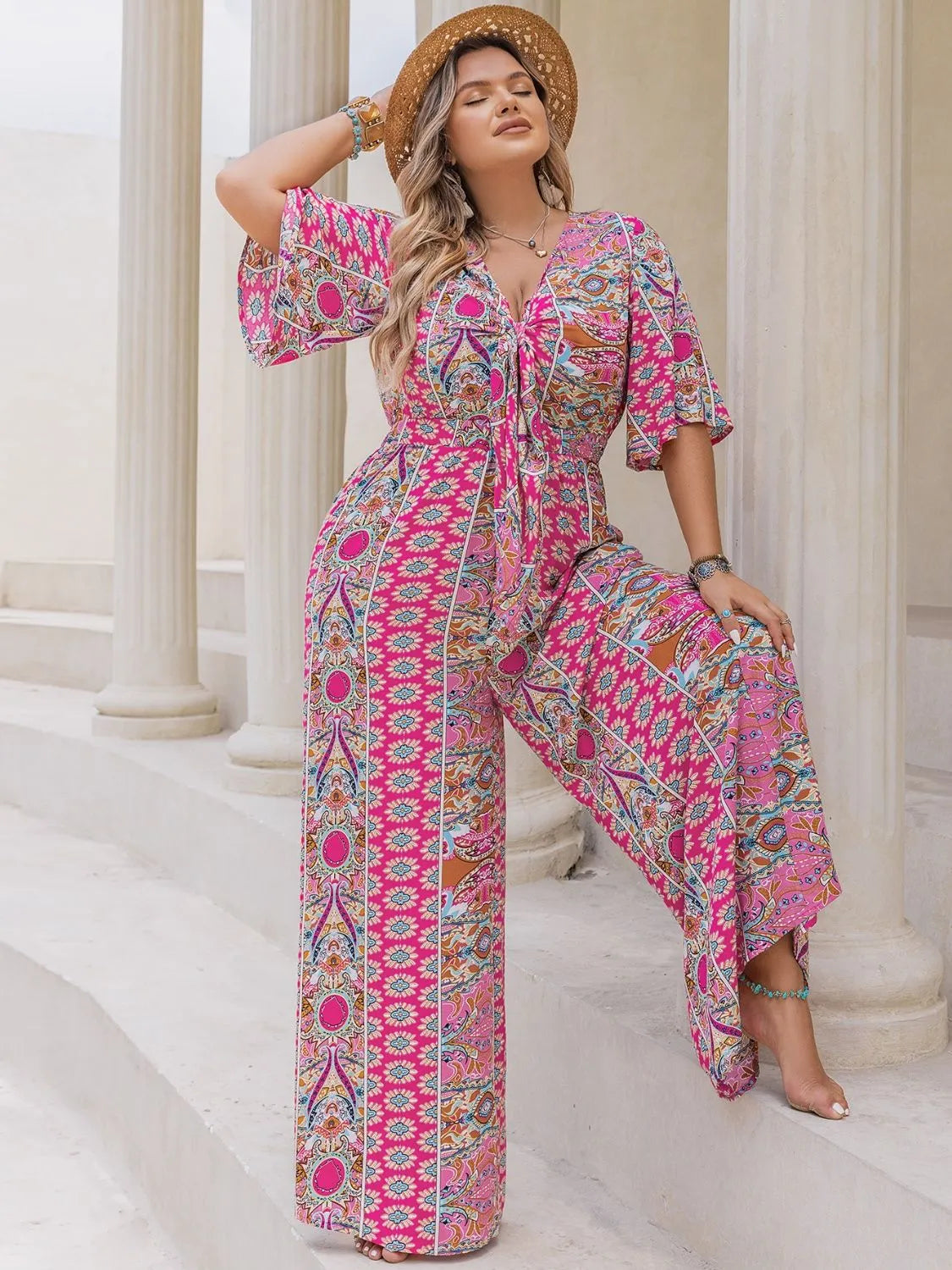 Plus Size Printed Half Sleeve Wide Leg Jumpsuit - Wellen Fashion