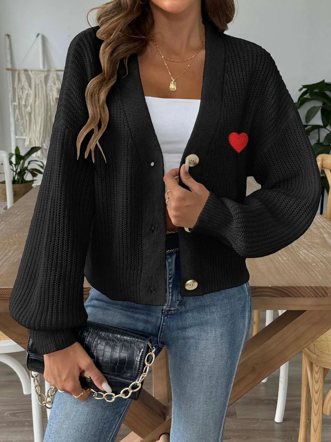 Heart Button Down V-Neck Long Sleeve Cardigan - Wellen Fashion