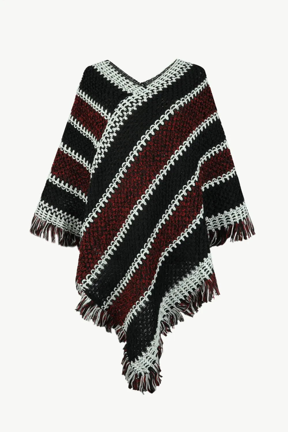 V-Neck Fringe Hem Poncho - Wellen Fashion