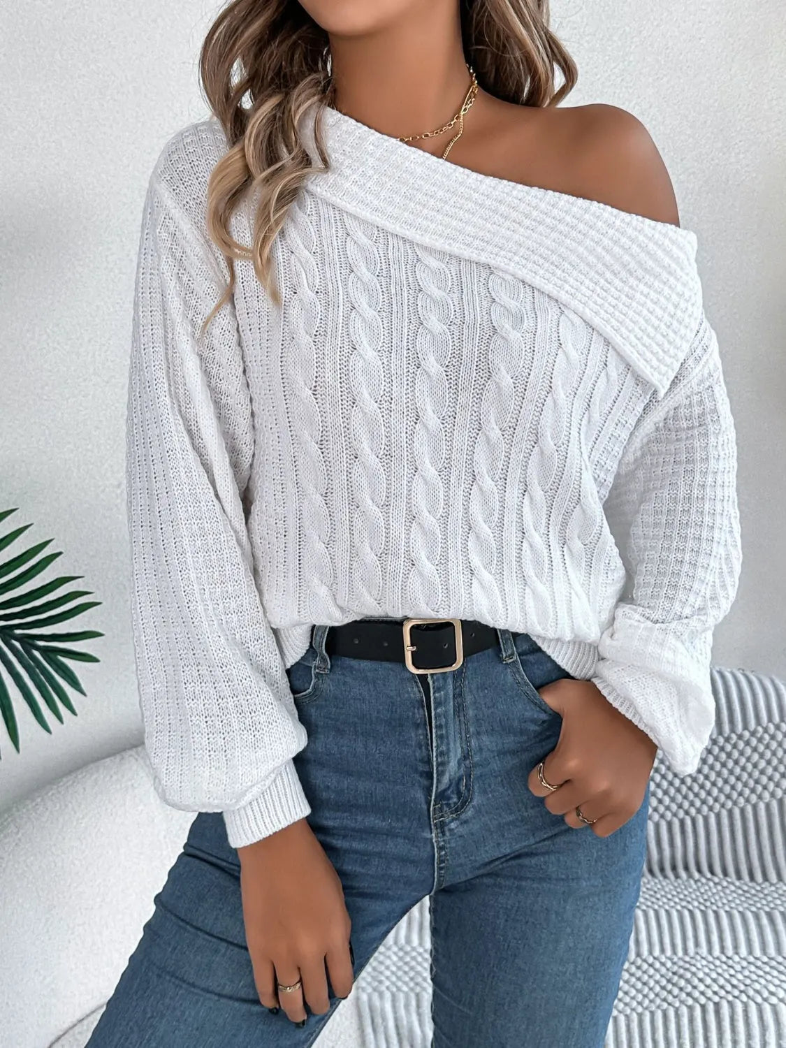 Cable-Knit One Shoulder Long Sleeve Sweater - Wellen Fashion