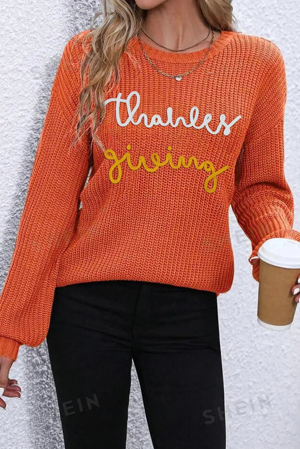 THANKSGIVING Round Neck Long Sleeve Sweater - Wellen Fashion