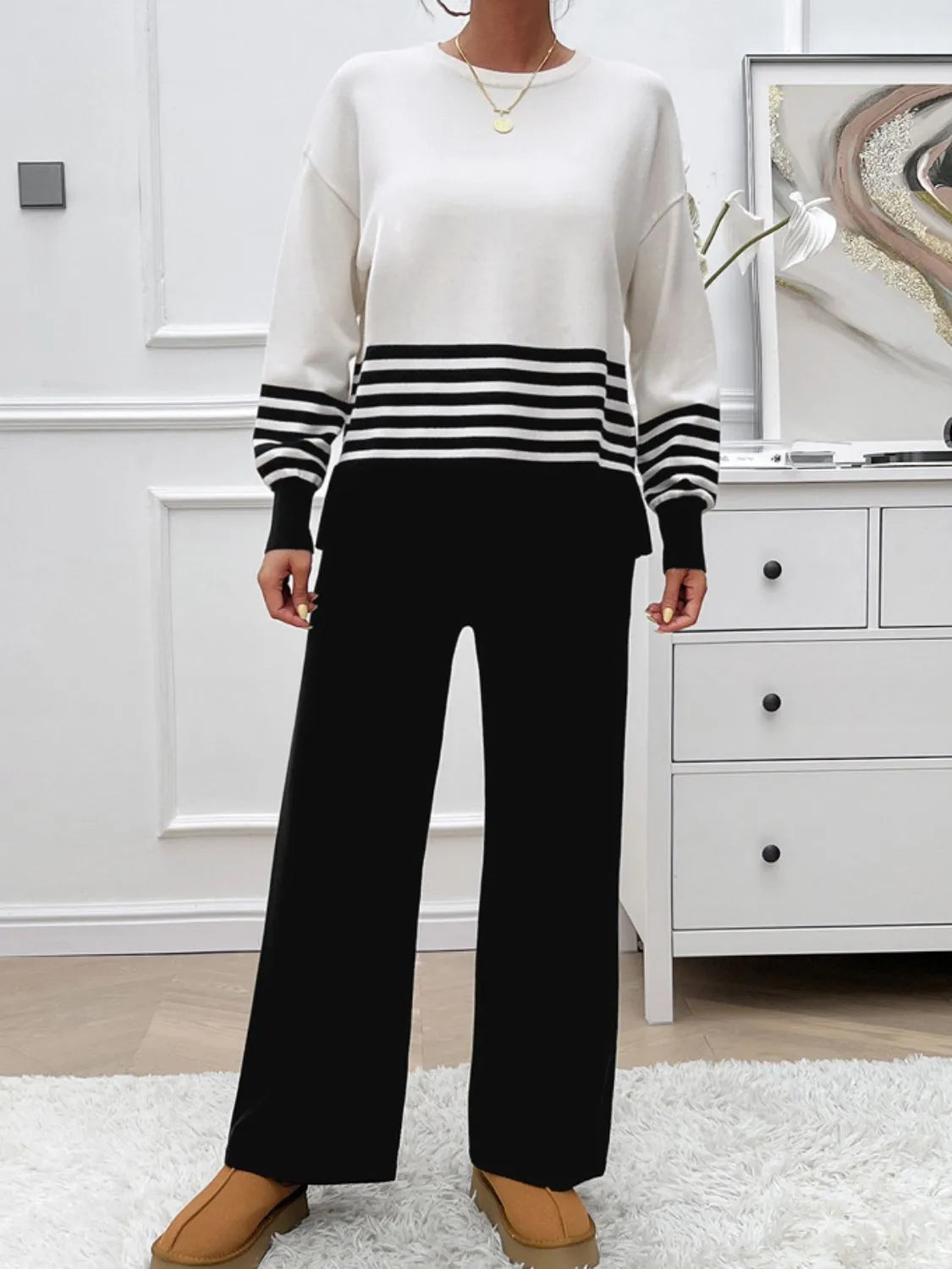 Devine Slit Striped Round Neck Top and Pants Sweater Set - Wellen Fashion