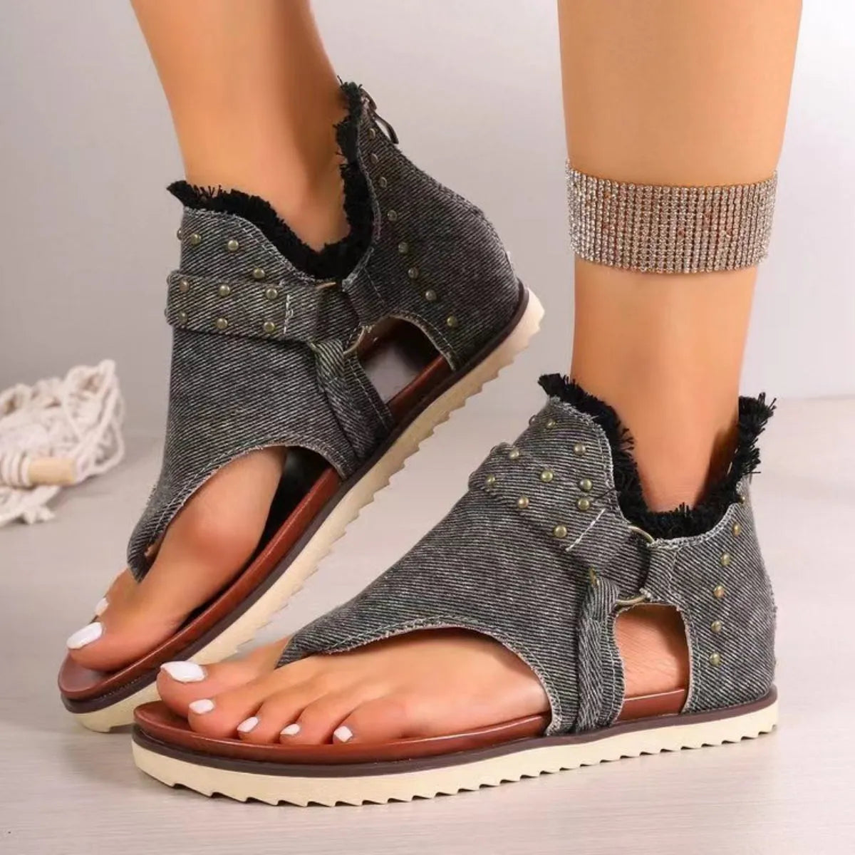 Studded Raw Hem Flat Sandals - Wellen Fashion