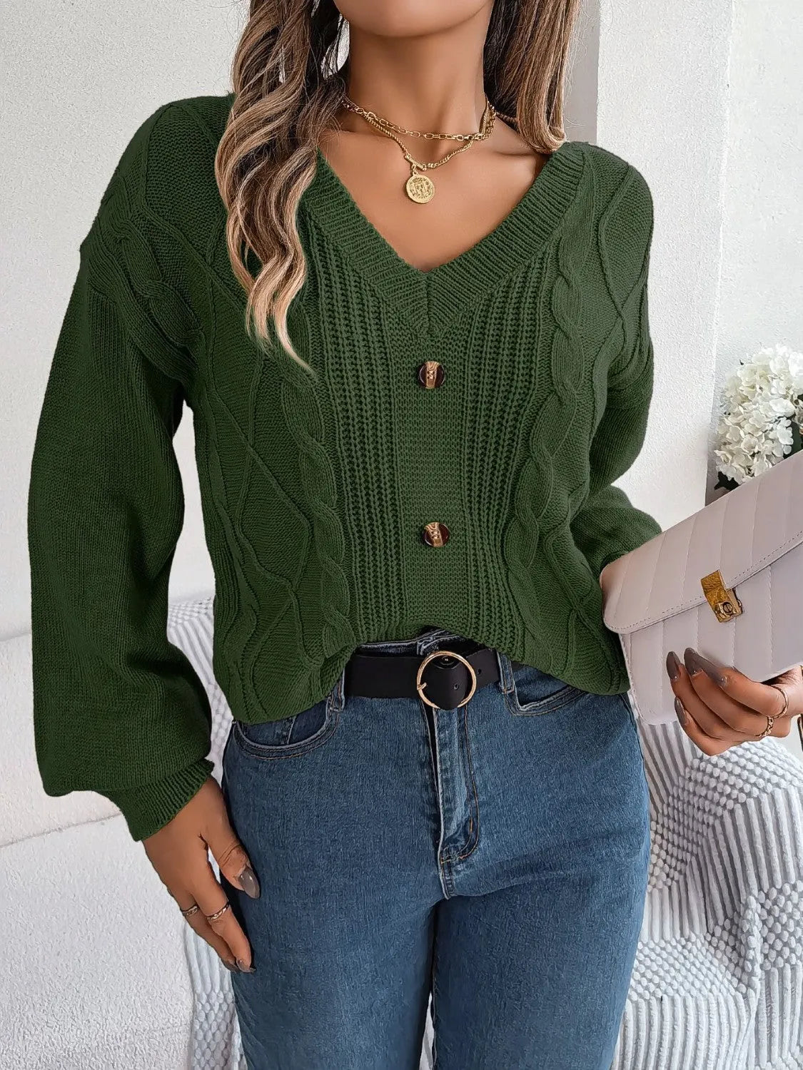 Cable-Knit Buttoned V-Neck Sweater - Wellen Fashion