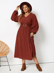 Plus Size Lace Detail V-Neck Balloon Sleeve Dress - Wellen Fashion