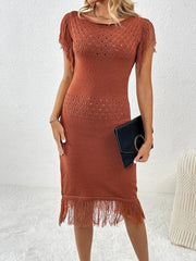 Fringe Openwork Boat Neck Knit Dress - Wellen Fashion