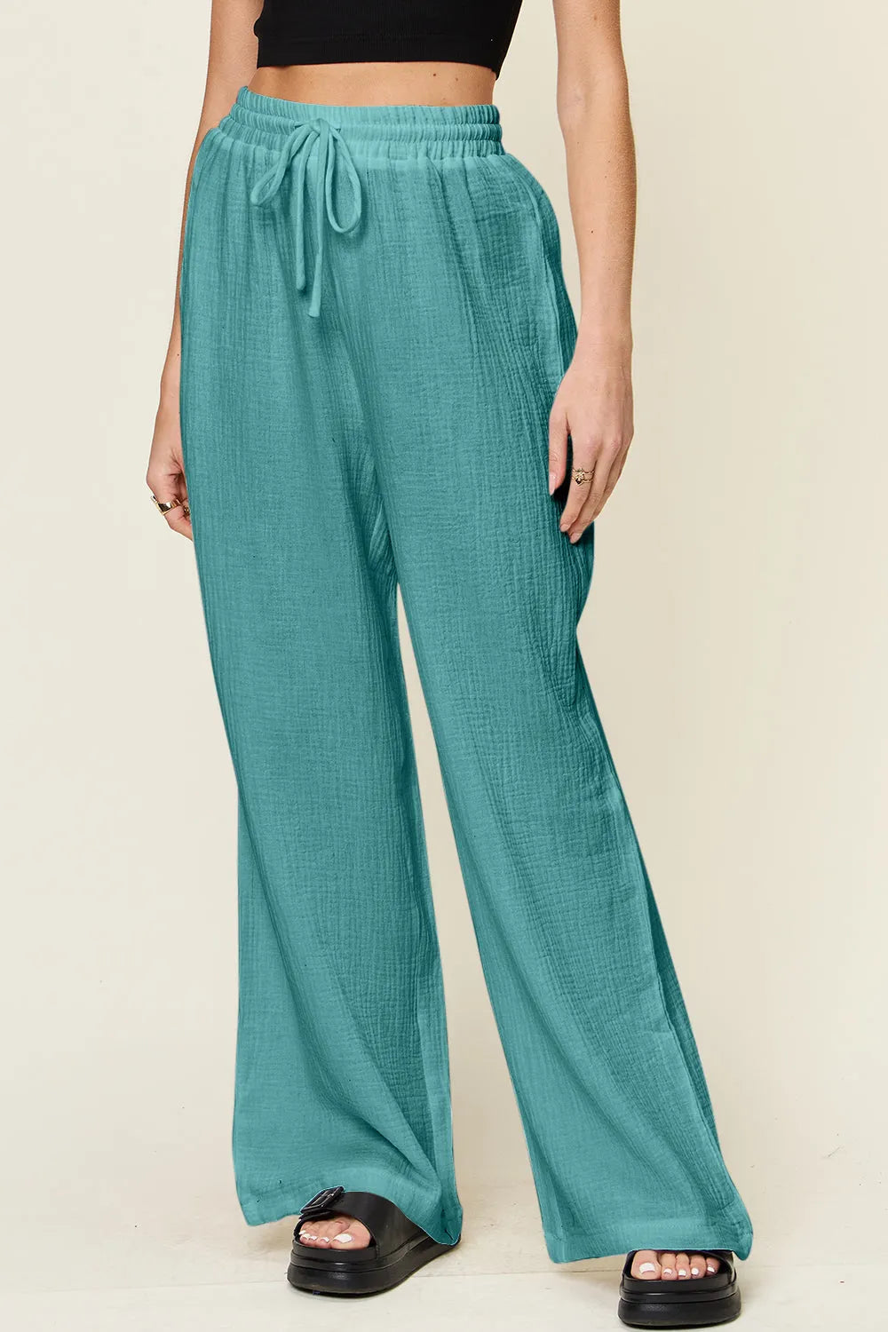 Double Take Full Size Texture Drawstring Wide Leg Pants - Wellen Fashion