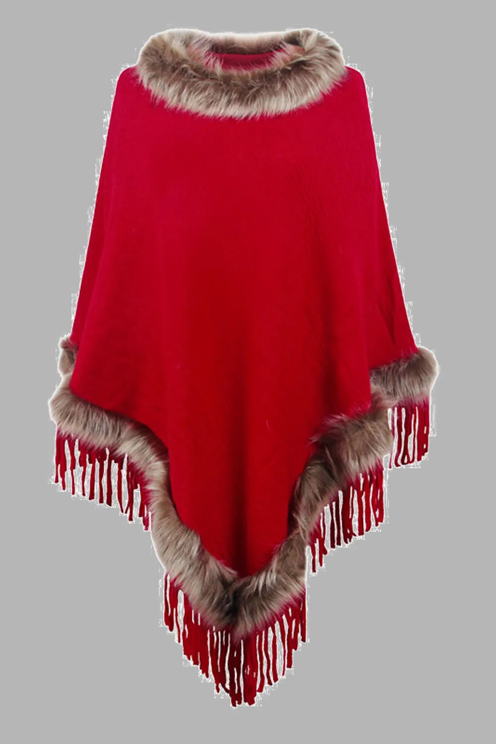 Faux Fur Trim Fringed Poncho - Wellen Fashion