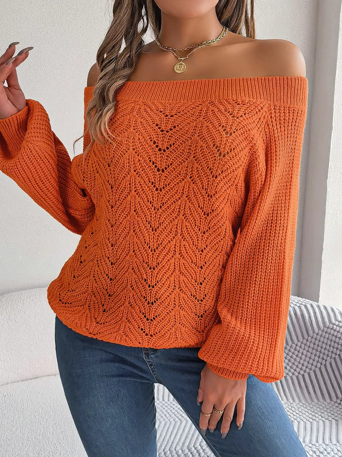 Openwork Off-Shoulder Long Sleeve Sweater - Wellen Fashion