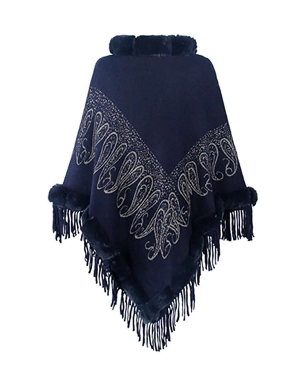 Graphic Fringe Cape Sleeve Poncho - Wellen Fashion