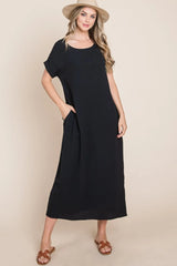 BOMBOM Round Neck Short Sleeve Midi Dress with Pockets - Wellen Fashion