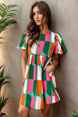 Color Block Round Neck Short Sleeve Dress - Wellen Fashion