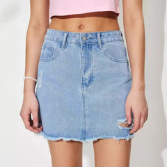 Distressed Raw Hem Mini Denim Skirt - Wellen Fashion