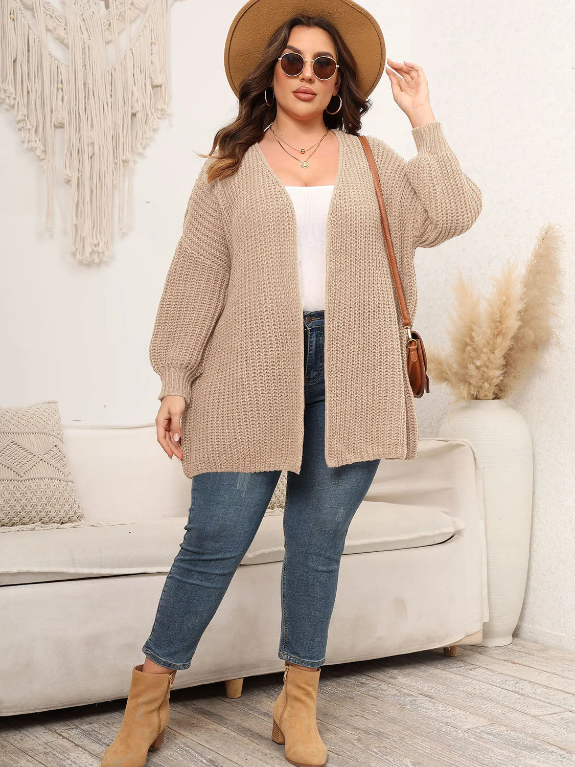 Plus Size Open Front Dropped Shoulder Knit Cardigan - Wellen Fashion