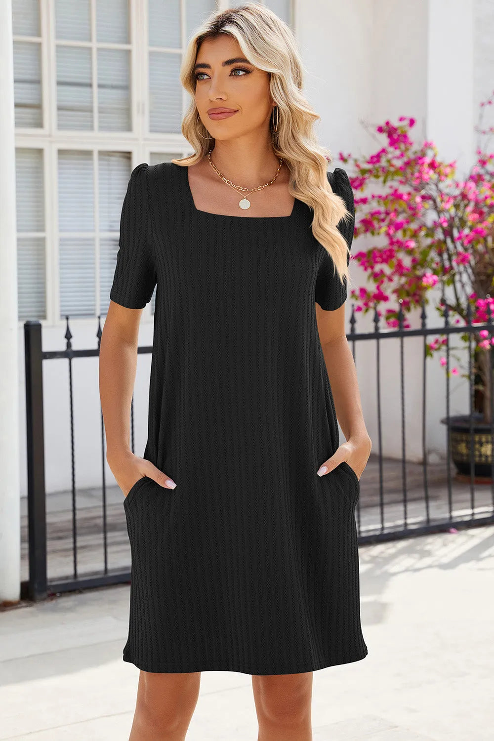 Pocketed Square Neck Short Sleeve Dress - Wellen Fashion