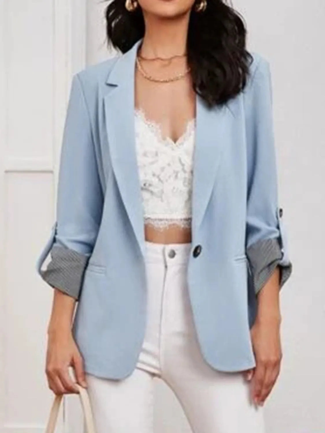 Lapel Collar Roll-Tab Sleeve Blazer - Wellen Fashion