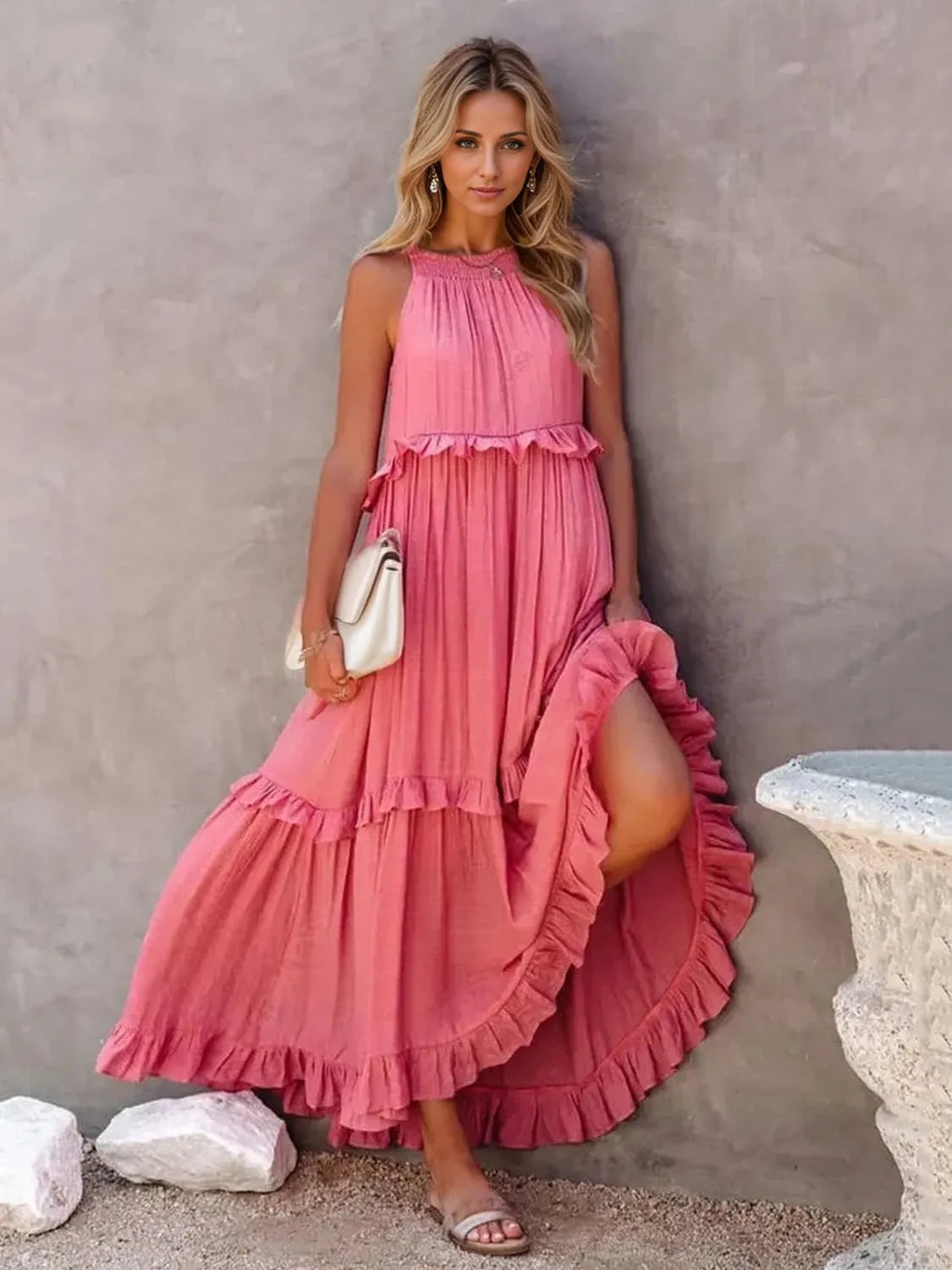 Ruffled Sleeveless Tiered Maxi Dress with Pockets - Wellen Fashion