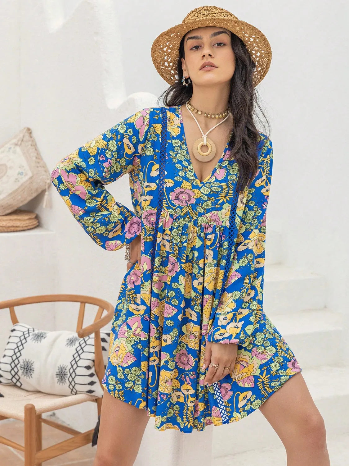 Printed V-Neck Balloon Sleeve Mini Dress - Wellen Fashion