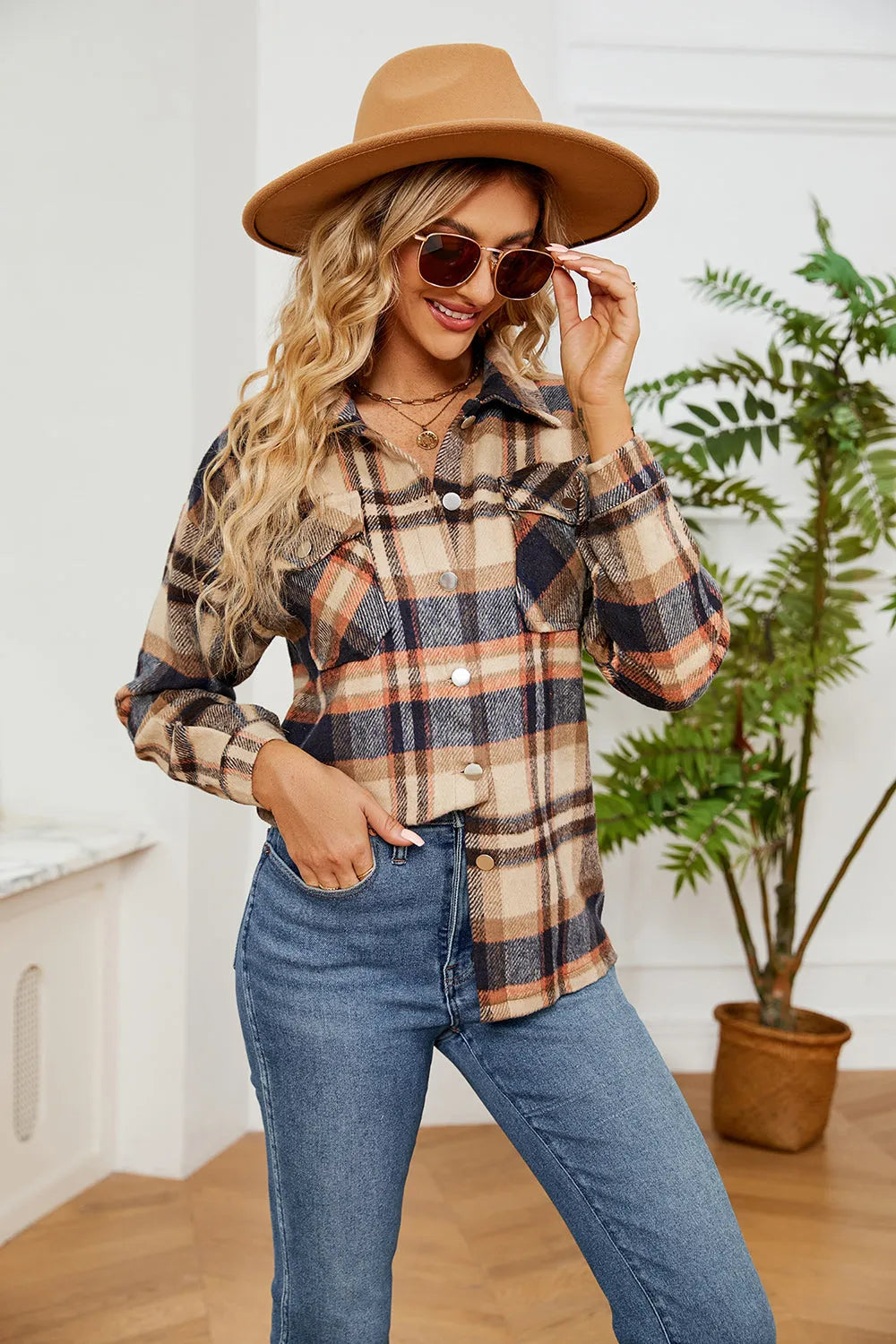 Collared Plaid Shacket - Wellen Fashion