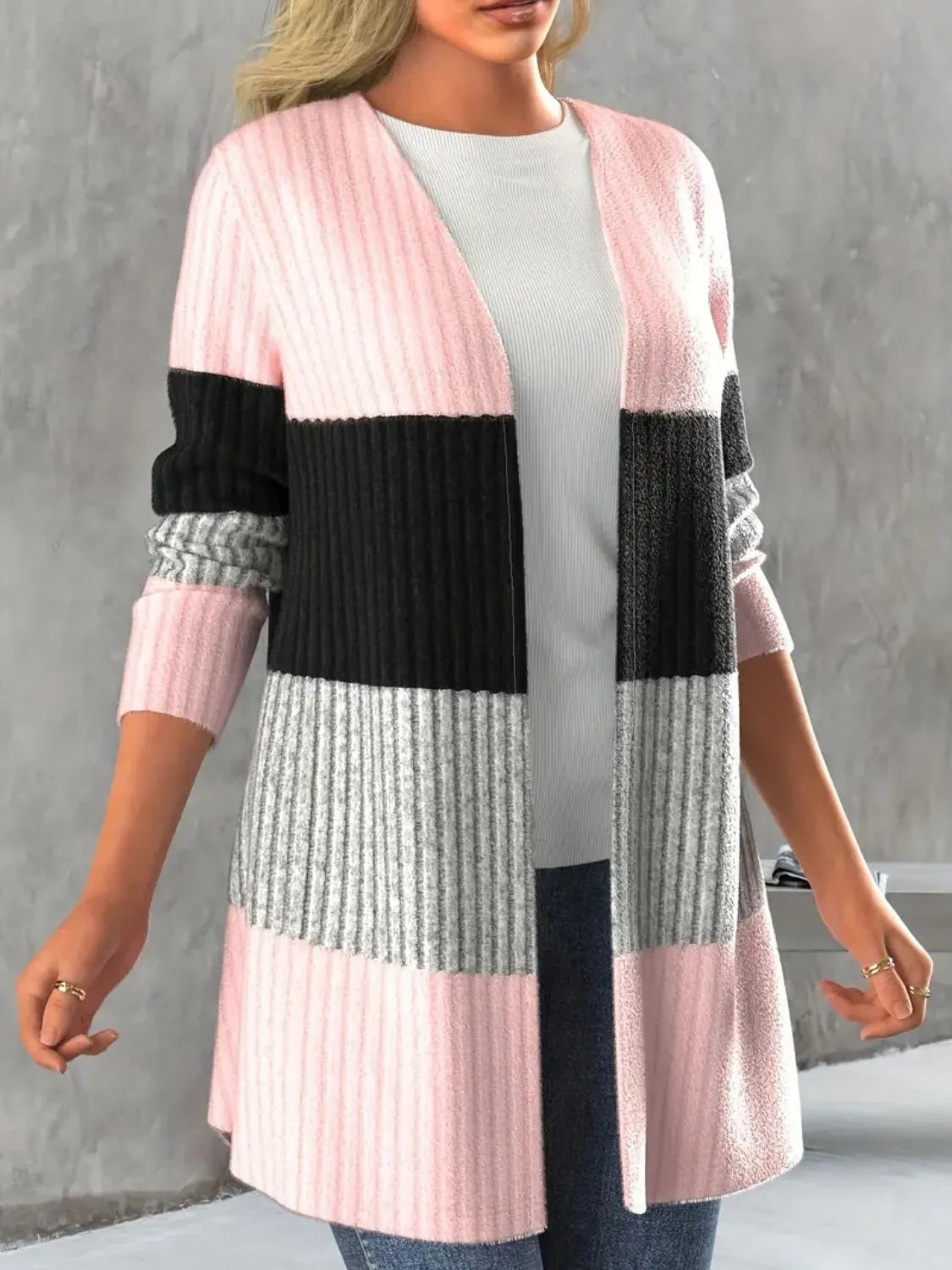 Color Block Open Front Long Sleeve Cardigan - Wellen Fashion