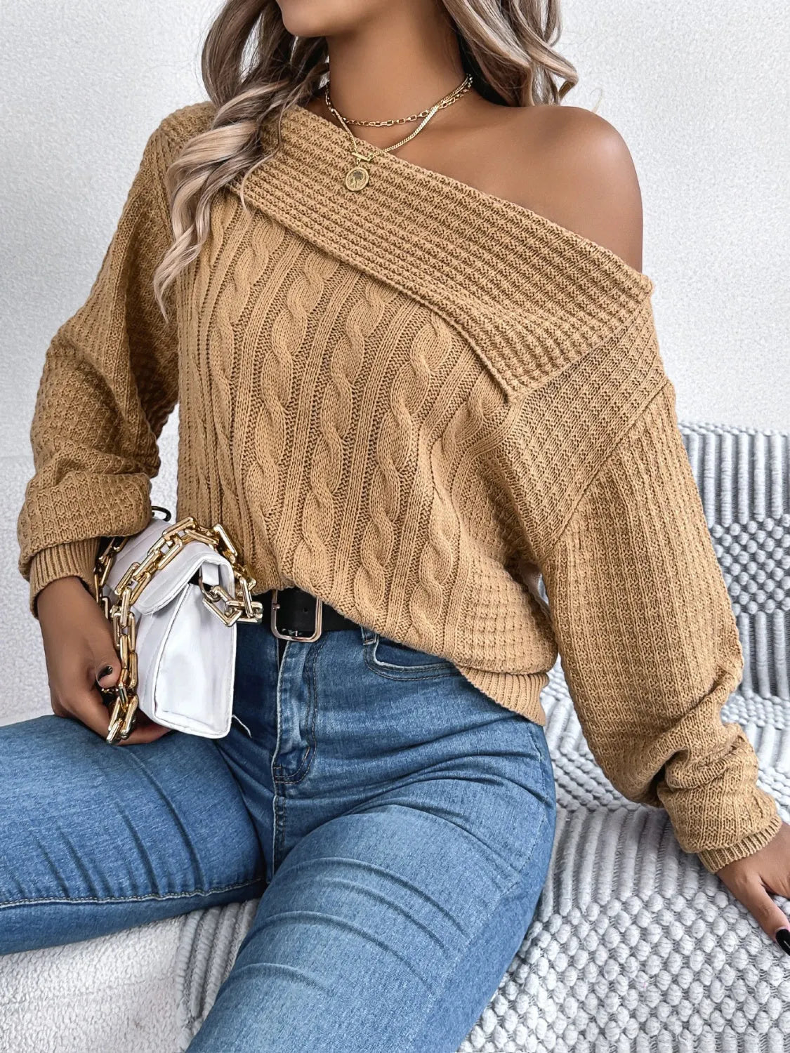 Cable-Knit One Shoulder Long Sleeve Sweater - Wellen Fashion