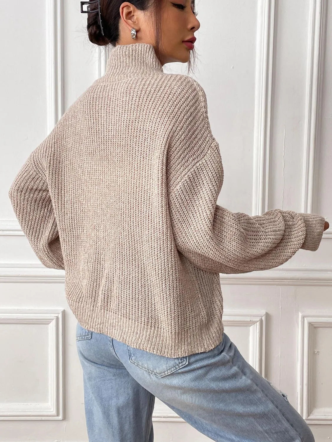 Heart Turtleneck Dropped Shoulder Long Sleeve Sweater - Wellen Fashion